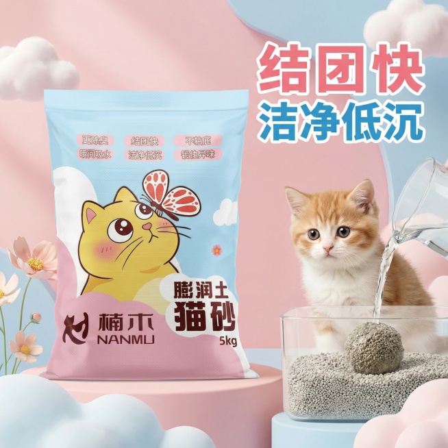基于现有猫砂袋图片，制作高级可爱风格的1:1主图，突出“结团快 洁净低沉”卖点，画面添加猫砂结团的展示，搭配可爱小猫形象，整体风格柔和清新，文字清晰醒目预览效果