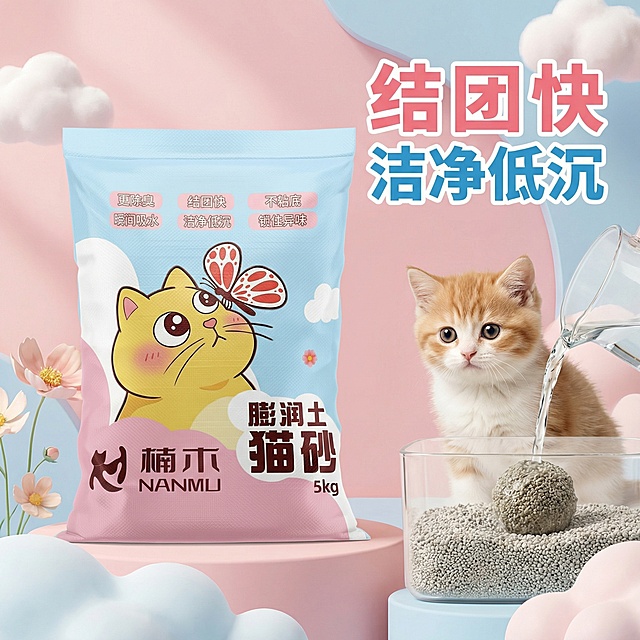基于现有猫砂袋图片，制作高级可爱风格的1:1主图，突出“结团快 洁净低沉”卖点，画面添加猫砂结团的展示，搭配可爱小猫形象，整体风格柔和清新，文字清晰醒目