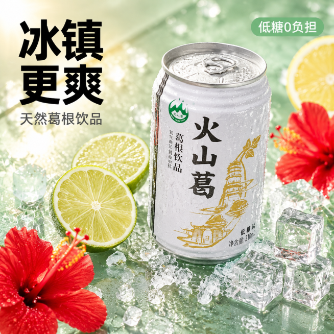 [主图-1] 夏日冰爽葛根饮品首图 场景氛围主图；夏日清新治愈冰爽风格 高通透食欲感；商业摄影质感 自然暖阳逆光 饮品罐身清晰锐利 画面干净高级；火山葛葛根饮品罐身居中偏右放置 占画面比例70% 保持预览效果