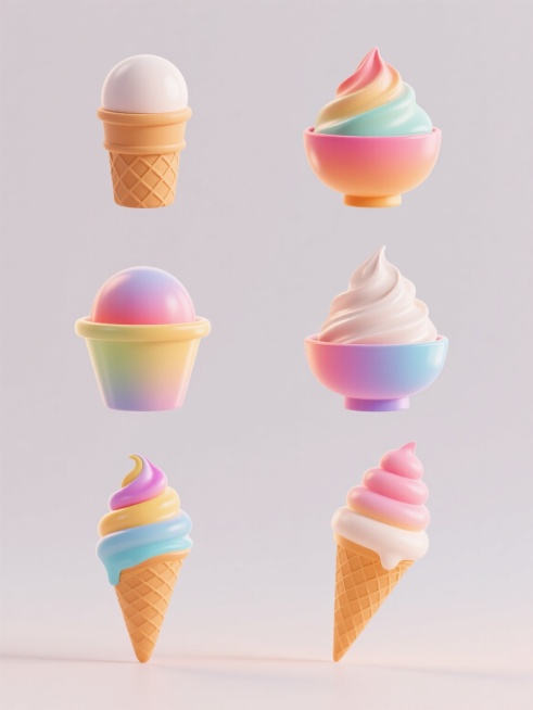 一套6个完全不同造型的冰激凌系列素材集合，规整排布。包含圆筒冰激凌、碗状冰激凌等不同形态，保持原图的3D立体风格，光滑细腻的渐变色彩质感，鲜艳明快的色彩搭配，以及逼真的光影效果。每个冰激凌造型独特，细节丰富，整体画面简洁干净，纯色背景衬托，视觉效果统一和谐。预览效果
