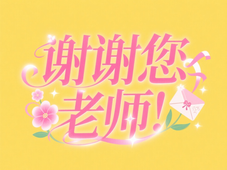 黄色背景，高饱和度粉色中文艺术字‘谢谢您，老师！’，笔画融合花朵、贺卡装饰元素，艺术感预览效果