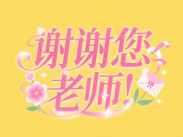 插画风甜美设计，大字“谢谢您老师！”配以花朵和信封，节日感十足。