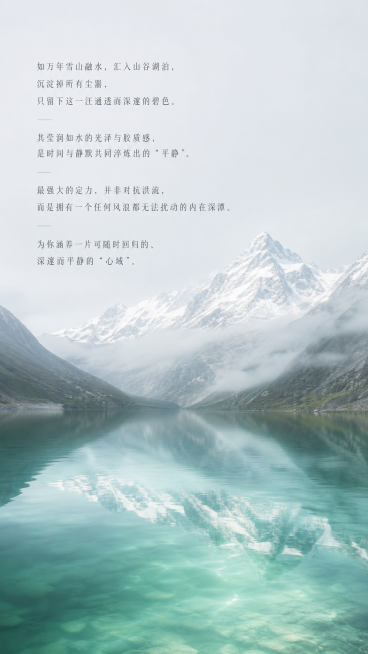 简约静谧风景意向图，背景是山谷中万年雪山融水汇聚而成的湖泊，通透深邃碧色水面，带有莹润胶质感光泽，整体氛围宁静深邃，融入文案："如万年雪山融水，汇入山谷湖泊，沉淀掉所有尘嚣，只留下这一汪通透而深邃的碧预览效果