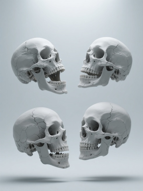 一系列4个完全不同造型的3D写实风格人类骷髅头，保持统一的灰白色骨骼质感、自然裂纹细节和清晰牙齿结构，每个骷髅头呈现独特姿态（如正面张嘴露齿、左侧面凝视、仰天长啸、右侧歪头沉思），以垂直规整的单列排布在纯浅灰色背景上，整体光影统一为柔和顶部光源，营造出医学标本般的严谨与冷峻氛围。预览效果