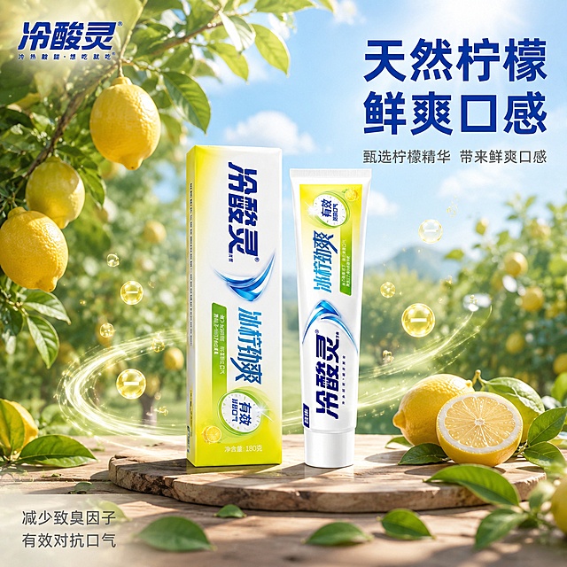 冷酸灵冰柠劲爽牙膏柠檬果园原料场景主图。天然植萃风格，户外果园清新自然感。超高清商业摄影质感，光线明亮自然，产品清晰真实。画面中冷酸灵冰柠劲爽牙膏盒与牙膏管摆放在户外木质平台上，周围是茂盛的柠檬树，枝头挂满新鲜黄柠檬，树叶翠绿有光泽。前景有几片飘落的柠檬叶和几颗新鲜柠檬，背景是虚化的果园与蓝天，阳光透过树叶形成斑驳光影。空气中有漂浮的柠檬精油水滴与清新气流效果。保持冷酸灵冰柠劲爽牙膏外观与输入产品图绝对一致，杜绝任何变形和色差，精细化处理。商品主体占比约百分之五十，画面满屏无边框。上方自然阳光为主光源，透过树叶形成丁达尔效应与斑驳光影，光线明亮温暖有自然感。环境漫反射提亮暗部，整体光线通透自然，产品表面有清晰的环境高光。主色调为自然绿与柠檬黄，辅色为天空蓝与木色，整体清新自然有原料产地感。平视略微仰视，产品居中放在木质平台上，背景果园与天空虚化，景深较浅，突出产品与天然原料环境。画面左上角冷酸灵品牌Logo。右上角主标题天然柠檬 鲜爽口感，深蓝色粗体无衬线字体右对齐两行。主标题下方辅助文案甄选柠檬精华 带来鲜爽口感，浅灰色小字号。底部左侧文字减少致臭因子 有效对抗口气，深灰色细体。文字清晰可读，全部放在边角负空间，不遮挡产品主体与果园场景。