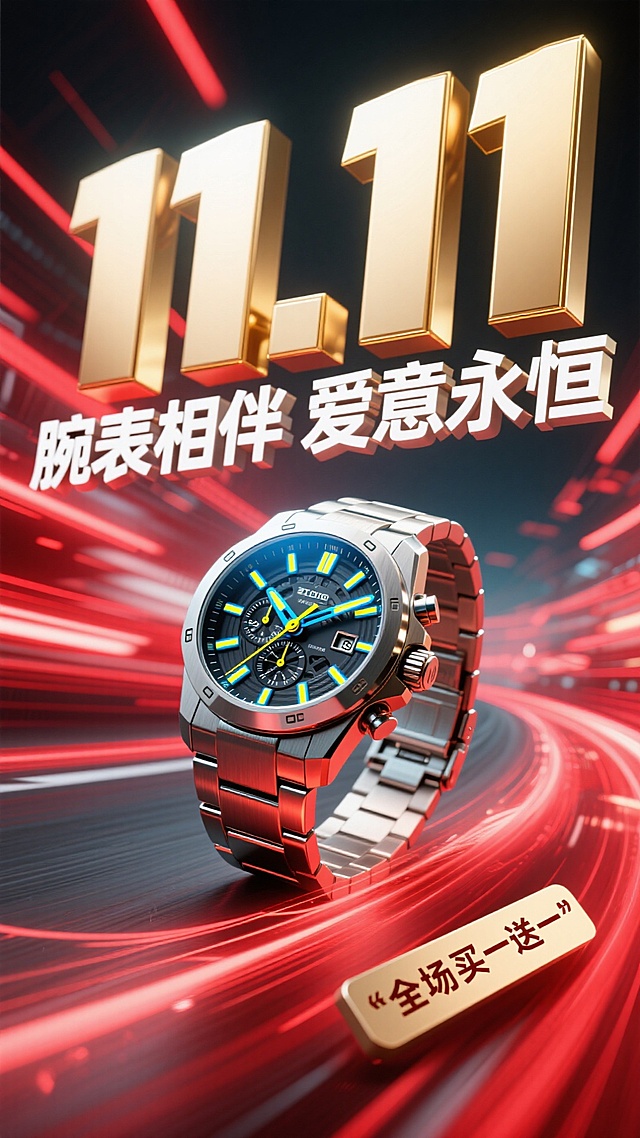 背景是充满动感的亮红色速度线抽象光影，如同赛道上飞驰的轨迹。一款硬朗的机械运动手表以微微倾斜的角度置于画面中心，表盘细节清晰，指针散发着幽蓝或亮黄色的夜光，与红色背景形成强烈撞色。表身周围有金属质感的光效流动，强调速度与力量。
白色的“11.11”logo，巨大亮金色质感的主标题“腕表相伴 爱意永恒”使用 bold 的无衬线粗体，以突破式的布局斜贯画面，充满力量感。副标题“全场买一送一”则以块状标签形式固定在角落，醒目直接。