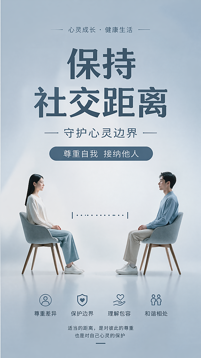 简约现代风格心理学主题海报，设计风格为写实商业摄影，主标题"保持社交距离"，副标题守护心灵边界，卖点标签尊重自我 接纳他人，画面采用渐变浅蓝灰色背景，居中构图，文字层级分明，排版精美，四周保留安全边距，整体氛围平静专业，符合心理健康主题，4K超高清画质