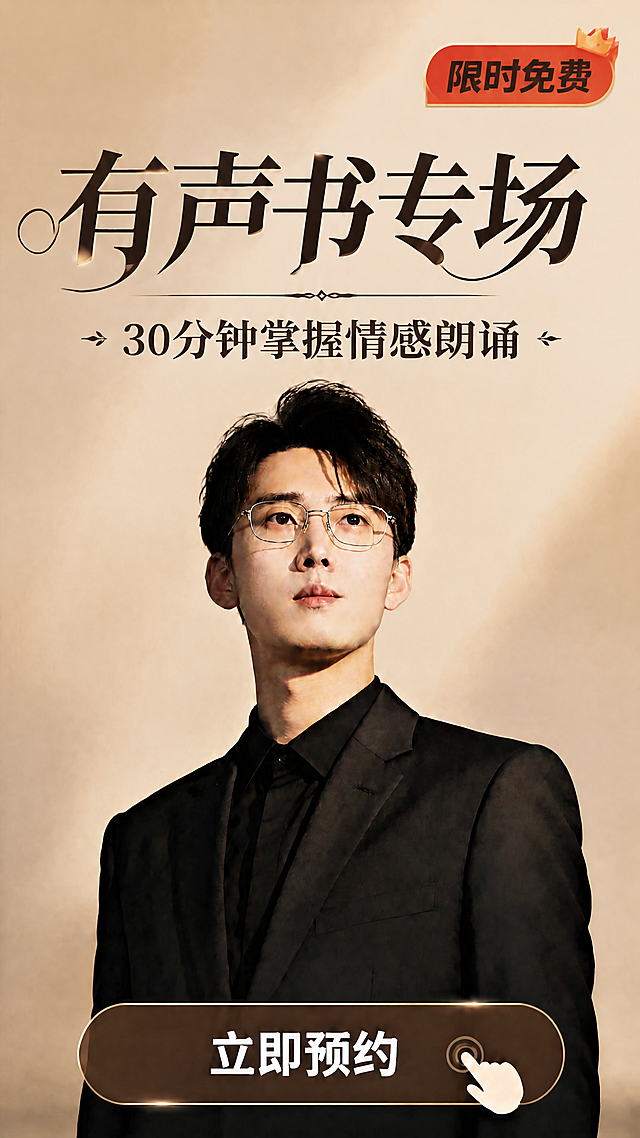 在原图基础上优化：1. 所有标题文字颜色加深，主标题"有声书专场"和副标题"30分钟掌握情感朗诵"的字体颜色从浅棕色加深为深棕色或近黑色，确保在米黄色背景上清晰醒目、对比度高、用户一眼就能看清，同时保持字体的高级设计感不变。2. 右上角"限时免费"标签文字也适当加深加粗，增强可读性。3. 底部"立即预约"按钮文字保持清晰。人物形象和整体暖色调背景不变，只加深文字颜色提升可读性。画面中所有文字必须精确渲染，不得错位、遗漏或编造。