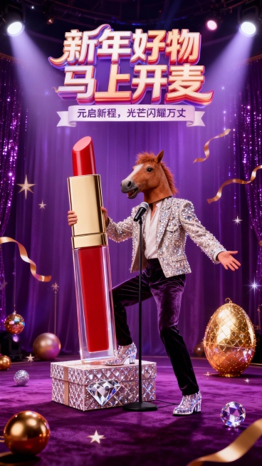 围绕模特构图，带棕色马头面具的模特（奢华水钻外套+丝绒长裤+水晶鞋）手持超级巨大化的口红摆出活泼的姿势握着前面的立麦在一个星光璀璨的华丽剧场舞台上，舞台上搭配钻石纹礼盒、鎏金彩球、星光装饰和水晶金蛋，预览效果