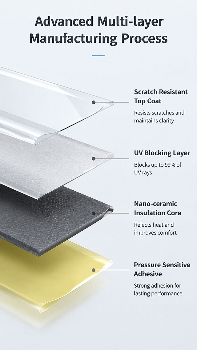 [第5屏] Production Technology and Material Structure display. 本屏 use 4 layers cross-section diagram to explain the manufacturing process.
[氛围/风格] Technical illustration style, clear structure, professional and trustworthy.
[元素布局] Cross-section diagram of window tint film on center, each material layer labeled with引线 annotation. From top to bottom: scratch-resistant protective layer, anti-UV layer, nano-ceramic heat insulation layer, pressure-sensitive adhesive layer. Each layer has a one-line benefit description. Background clean, lines thin and clear.
[光影质感] Soft studio lighting, clear layer boundaries, soft shadow for depth.
[配色色系] Background #f0f4f8, layer colors from top to bottom: clear, light gray, dark gray, yellow adhesive, text labels dark gray, clear contrast.
[视角构图] Vertical cross-section centered, labels placed next to each layer, easy to understand.
[文字版式] Top main title "Advanced Multi-layer Manufacturing Process", each layer label "Scratch Resistant Top Coat" "UV Blocking Layer" "Nano-ceramic Insulation Core" "Pressure Sensitive Adhesive". All English, labels clear, no Chinese characters.
[比例分辨率] 9:16 vertical, 4K resolution, text clear and legible.
[负向提示词] messy layers, wrong structure, blurry labels, Chinese characters, exaggerated colors, distorted diagram.