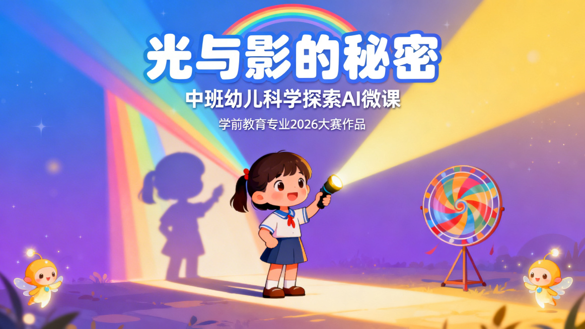 卡通梦幻风格，横版PPT封面，中央是中班可爱小女孩举手电筒，身后有彩虹光束、变大影子和旋转万花筒，背景是蓝紫到暖黄的渐变，上方大标题“光与影的秘密”带白色彩虹描边，副标题是“中班幼儿科学探索AI微课”预览效果