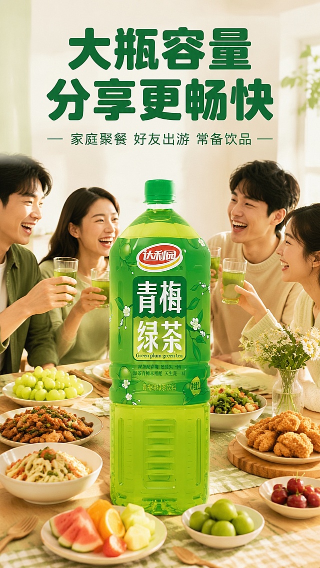 [第4屏] 详情页分享场景屏-达利园青梅绿茶大瓶分享展示。本屏使用【图1】作为商品主体。
[氛围/风格] 欢乐聚会氛围，生活化实景场景，温馨自然的日常感。
[元素布局] 大瓶青梅绿茶放置在餐桌中心，周围摆放餐盘和水果，朋友围坐分享，产品瓶身完整清晰可见，占据画面核心位置；整体画面突出大瓶容量适合多人分享的特点，产品外观和包装文字保持与原图一致。
[光影质感] 室内暖柔散光，整体光线明亮自然，突出产品清新感和聚会热闹氛围。
[配色色系] 全局底色 #f8fcf9；主色绿色产品，暖木色餐桌；辅助色浅色系餐垫柔和过渡。
[视角构图] 平视略带俯视，餐桌场景完整，产品主体突出，阅读动线自然。
[文字版式] 顶部标题区，主标题「大瓶容量 分享更畅快」，副标题「家庭聚餐 好友出游 常备饮品」，圆角粗黑体，深绿色字，和整体风格保持统一，文字不遮挡产品主体。
[比例分辨率] 9:16竖版比例，4K分辨率，文字清晰可辨，高清画质。
[负向提示词] 产品变形，人物面部扭曲，包装文字错乱，颜色偏差，背景杂乱