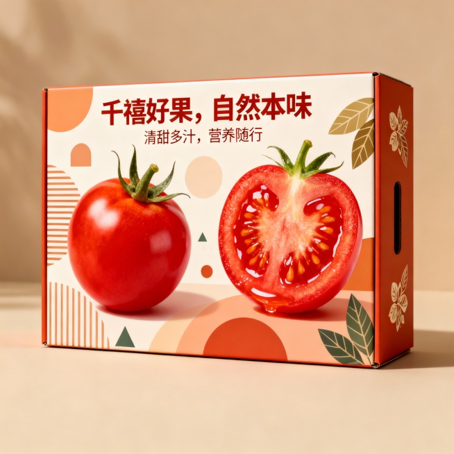 暖色调包装盒子设计，主画面展示新鲜千禧果及剖面特写，果实饱满红润，剖面可见晶莹果肉与籽粒，整体配色有层次感与设计感，背景点缀简约几何图形和叶片元素，富有层次以突出主体，主文案“千禧好果，自然本味”和副预览效果