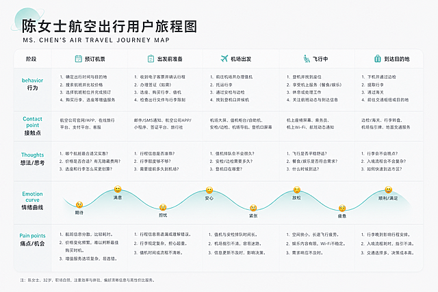 参考第二张图片的用户旅程图排版、青灰简约风格、情绪曲线设计，为陈女士生成一份航空出行低保真原型图的用户旅程图，完整保留五阶段布局结构：行为、接触点、想法/思考、情绪曲线、痛点/机会