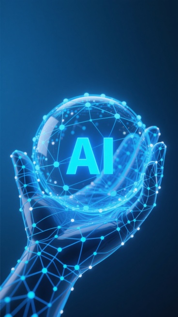 深蓝色渐变背景，一只由发光蓝色线条和点构成的抽象手，掌心托着一个由蓝色网络线条和闪烁光点组成的半透明球体，球体中央有明亮的蓝色“AI”字样，整体呈现科技感十足的3D数字艺术风格，光线从球体中心向外柔和发散，营造出神秘而前沿的氛围，画面简洁大气，突出AI科技主题。预览效果