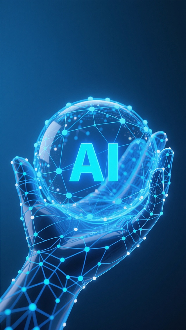 深蓝色渐变背景，一只由发光蓝色线条和点构成的抽象手，掌心托着一个由蓝色网络线条和闪烁光点组成的半透明球体，球体中央有明亮的蓝色“AI”字样，整体呈现科技感十足的3D数字艺术风格，光线从球体中心向外柔和发散，营造出神秘而前沿的氛围，画面简洁大气，突出AI科技主题。