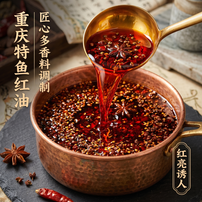 商品主图，烤鱼红油，重庆特产，多香料调制，新中式电商风格，凸显红油红亮诱人的质感，适合淘宝天猫平台，突出产品卖点预览效果