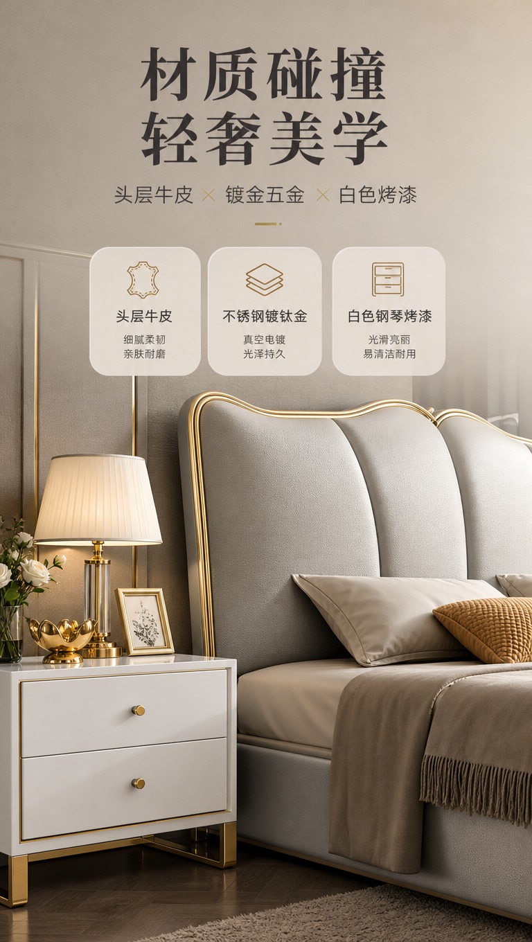 [商品] 使用【图1】浅灰色头层牛皮软包床和【图2】白色床头柜… - 图片创意预览