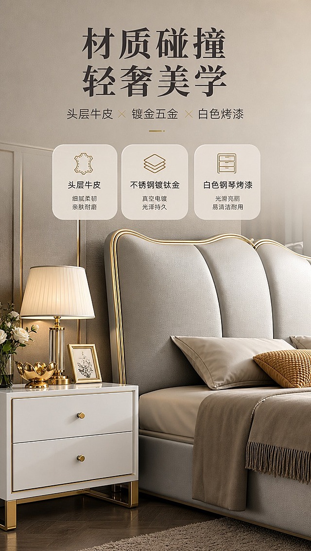 [商品] 使用【图1】浅灰色头层牛皮软包床和【图2】白色床头柜；保留床的软包造型、金属线条、牛皮质感，保留床头柜白色烤漆、金色拉手、镀金脚；商品处理：增强皮面纹理细节、金属高光和烤漆光滑质感，不改变产品结构和颜色。
[画面] 目标：设计美学与材质叙事，展示轻奢风格与材质碰撞。构图：上文下景竖版布局，上半区文案+材质色块，下半区床与床头柜局部特写同框。景别：中近景，聚焦床头一角与床头柜。场景：卧室局部特写，床头软包与床头柜相邻摆放，暖光打在皮面和金属件上，突出材质对比。前中后景：前景床头柜台面细节，中景床头软包，后景虚化墙面。
[视觉] 套系策略：风格=轻奢高级商业家居摄影；标题字=现代衬线粗体；正文字=简洁无衬线体；主色=浅灰+米杏；背景延展=基于米杏灰做深浅层级、同色渐变和细腻墙布/木质感；强调色=香槟金，仅用于小面积图标、引线、标签和金属高光；标题色=深炭灰；正文色=中暖灰；组件=圆角浅底信息卡、细线引线、金色点缀；光影=左前侧暖柔光，金属件有高光反射。
[文字] 顶部文案区：主标题「材质碰撞 轻奢美学」，副标题「头层牛皮 × 镀金五金 × 白色烤漆」，3个材质标签：「头层牛皮」「不锈钢镀钛金」「白色钢琴烤漆」，配小图标，文字不遮挡产品主体。
[规格] 图片比例9:16竖版，4K分辨率，淘宝/天猫详情页适配，中文文案，避免变形、错字、文字过小、冷蓝/蓝灰背景、产品颜色改变、结构失真、极限词。