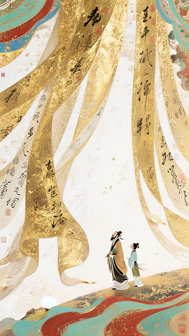 古典中式工笔风，鎏金超现实主义，人物对话于梦幻云海间。敦煌风