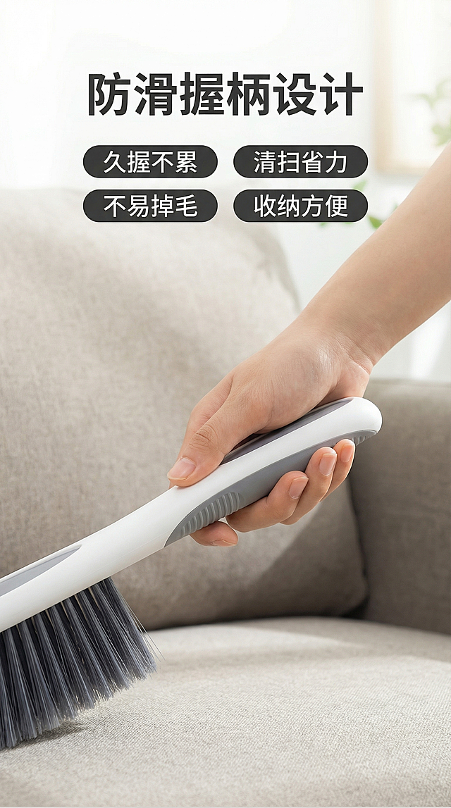[主图 2] 核心卖点展示-握柄舒适度演示
[氛围风格] 温馨居家日用风格，干净明亮自然光
[画面元素] 商业摄影质感、光线柔和通透、产品清晰真实、画面干净高级。漂亮年轻家庭主妇手掌握住除尘刷握柄特写，突出人体工学设计贴合手型，产品外观与参考图一致，不改变产品本身，背景虚化干净，突出握柄细节
[配色色系] 主色调：暖浅灰，辅助色：产品白灰
[视角构图] 平视特写，景深较浅
[文字版式] 顶部放置主标题，底部放置卖点列表，不遮挡核心区域。主标题："防滑握柄设计" 字体微软雅黑加粗，深灰色；副标题列表四个卖点："久握不累 清扫省力 不易掉毛 收纳方便" 每个卖点一个胶囊标签，字体思源宋体中粗，深灰色，排版错落有致
[比例分辨率] 9:16比例，2K分辨率，文字清晰可辨，超高清。
[负向提示词] 产品主体变形，文字错乱，水印，产品图模糊，背景杂乱，改变产品颜色和结构