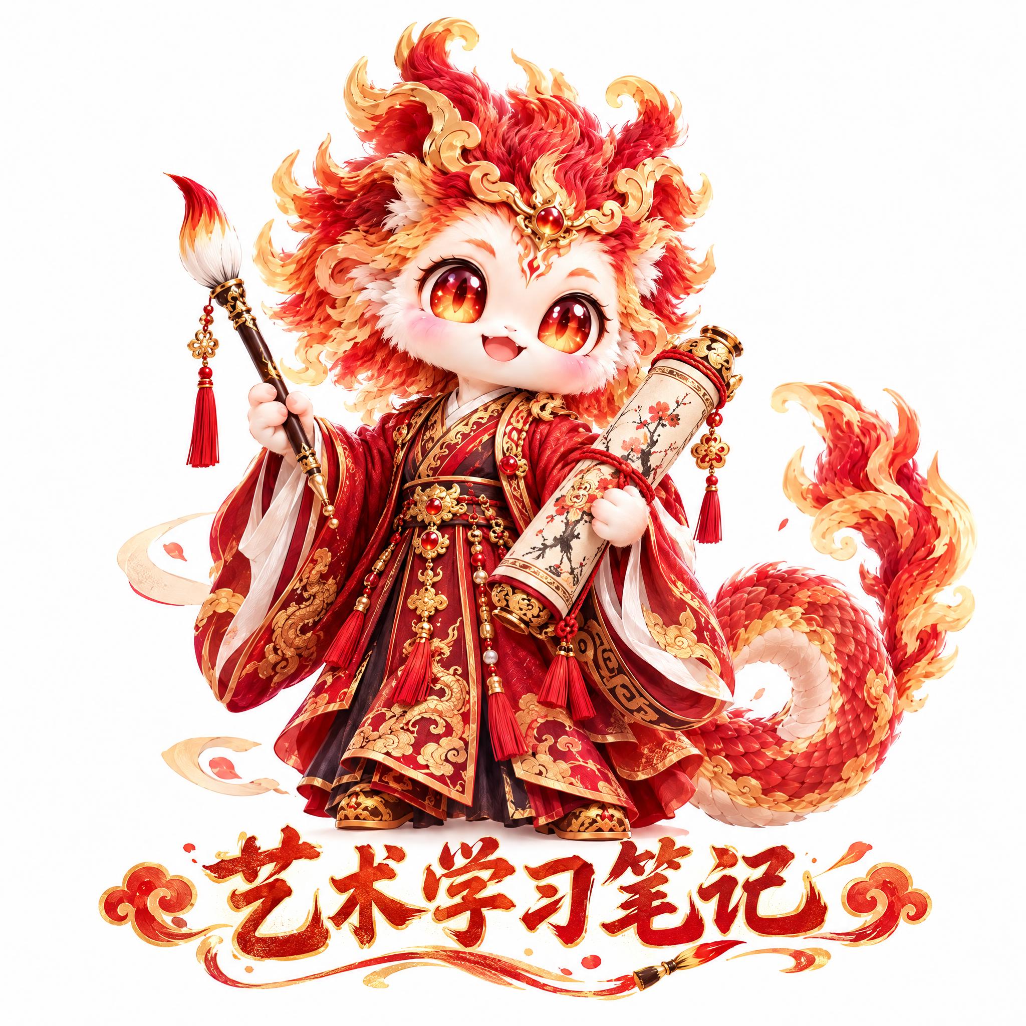参考图中的Q版国风神兽形象风格，保持红金配色、汉服古装、可爱Q… - 图片创意预览