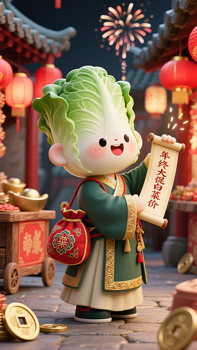 主视觉为身着汉服的白菜小人手持宣纸卷轴（写有 “年终大促白菜价”），背着传统刺绣荷包袋吆喝，国潮古集市促销氛围，红金与墨绿配色的古集市背景，点缀铜钱、红灯笼、古风烟花、木质推车元素。