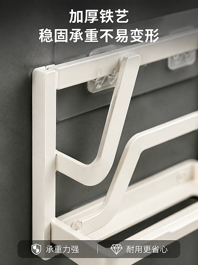 [第6屏] 材质展示屏-加厚铁艺稳固承重特写。本屏使用【图1】作为产品主体。
[氛围/风格] 材质微距特写，质感真实，工业风清晰展示
[元素布局] 放大展示铁艺支架边框和焊接部位，体现铁艺厚度和牢固工艺，保持产品原有颜色和结构不变，背景做虚化处理突出材质
[光影质感] 侧光打亮铁艺支架，突出材质厚度和光滑表面质感，阴影过渡自然
[配色色系] 灰色墙面背景，白色铁艺主体，保留原图颜色搭配，简洁干净
[视角构图] 微距特写，聚焦支架材质，突出加厚稳固特性
[文字版式] 顶部标题「加厚铁艺 稳固承重不易变形」，底部标注「承重力强 耐用更省心」，文字简洁清晰
[比例分辨率] 3:4 竖版比例，4K分辨率，文字清晰可辨，高清画质
[负向提示词] 材质展示模糊，结构变形，颜色偏差，文字遮挡主体