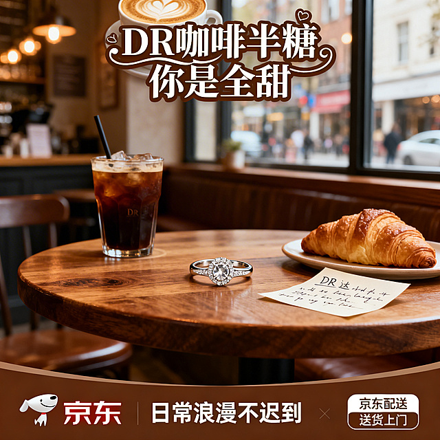 咖啡馆约会风DR戒指主图，1:1比例。顶部用拉花装饰字体写"DR 咖啡半糖 你是全甜"。中部DR戒指放置在木质咖啡馆桌面上，旁边搭配冰美式咖啡、可颂面包和手写的便签纸，背景是虚化的咖啡馆暖光和窗外的街景，暖棕色调，充满日常约会的温馨浪漫感。底部通栏为咖啡色，左侧放京东logo，中间白色字写"当日达 日常浪漫不迟到"，右侧标注"京东配送 送货上门"