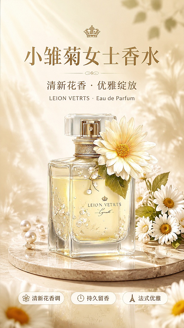 高端香氛电商海报-LEION VETRTS小雏菊女士香水商品营销海报。本屏使用【图1】作为商品主体。

【产品保真】香水瓶100%还原上传商品图的产品外形、包装、LOGO、印刷文字，以上传图为唯一商品主体来源，完整保留原图中的方形玻璃瓶身、透明水晶瓶盖、金属瓶颈装饰、LEION VETRTS品牌字样、小雏菊花朵装饰、瓶内淡黄色液体、珍珠与小花气泡细节、材质质感、颜色与正面朝向，包装、配色、产品结构与标签布局均与上传图保持一致；设计仅作用于背景、光影、道具、版式和文字区；商品主体占比约55%～65%，文字不遮挡主体。

【氛围/风格】自然植萃型 + 高端奢华型，法式优雅清新氛围，商业摄影质感，柔和自然光，高级轻奢调性。

【场景与空间层次】
- 背景层：浅米白至淡香槟色渐变背景，左上角柔和自然光洒落，形成丁达尔光束效果；背景隐约有虚化的白色雏菊花影和叶片剪影，营造自然清新氛围。
- 中景承托：香水瓶置于画面中央偏下位置，放置在圆形浅米色石材台面上，台面有柔和倒影；瓶身右侧点缀几朵真实质感的白色小雏菊和绿色叶片，与瓶身装饰呼应；左侧散落几颗透明珍珠和细小花瓣。
- 前景点缀：画面底部有虚化的雏菊花瓣和柔光光斑，增加景深和梦幻感。

【光影质感】左上方45°柔和自然光主光源，右侧辅光勾勒玻璃瓶身轮廓；瓶身玻璃有通透高光和环境反射，液体呈现温润的淡黄色光泽；整体光线柔和明亮，阴影浅淡，质感高级。

【配色色系】全局底色渐变 #FDF8F0 至 #F5E6D3；主色白色雏菊 + 淡金色 + 浅米色；辅助色淡绿色叶片、淡黄色液体；点缀色珍珠白高光。

【视角构图】45°微俯视角度，产品居中偏下构图，视觉重心在香水瓶；阅读动线从上至下：顶部标题 → 中部产品 → 底部卖点。

【文字版式】版式精美，层级分明：
- 顶部居中主标题「小雏菊女士香水」，优雅衬线字体，深金色，字号大而醒目；
- 主标题下方副标题「清新花香 · 优雅绽放」，纤细无衬线体，浅棕色，字号适中；
- 副标题下方一行英文装饰「LEION VETRTS · Eau de Parfum」；
- 底部横贯三个圆角胶囊卖点标签，从左到右分别为「清新花香调」「持久留香」「法式优雅」，标签为半透明白色底配深金色文字；
- 所有文字放在负空间，不遮挡香水瓶主体；四周留足安全边距。

【内容填充约束】画面中所有信息区域、卖点标签等必须填充完整合理的内容，不得出现空白框、空白占位、横线待填写区域；确保是完整可用的成品海报而非待填写模板。

【比例分辨率】9:16 竖版比例，2K 分辨率，文字清晰可辨，高清画质。

【负向提示词】瓶身变形，缺件错件，颜色偏差，水印，文字错乱，产品图模糊，背景杂乱，Logo变形，玻璃质感失真，小雏菊形态错误。