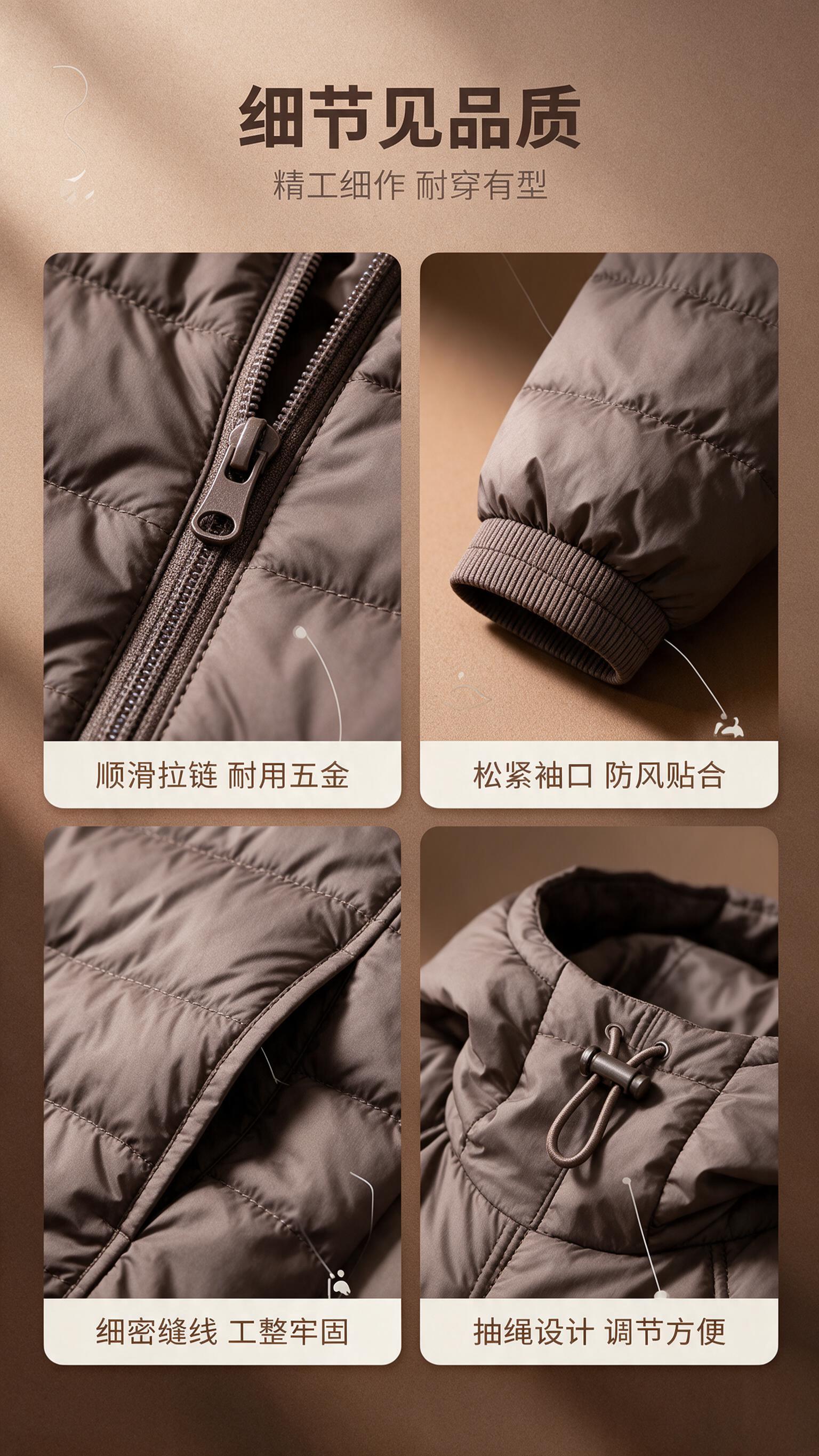 [商品] 使用【图1】咖色男士轻薄连帽羽绒服；商品处理：保留连… - 图片创意预览