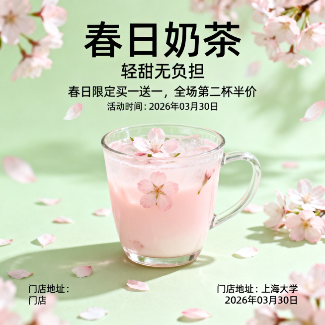 春日奶茶店促销海报，清新治愈风格，淡绿色搭配浅粉色配色，添加樱花元素，主标题文字：“春日奶茶”，副标题文字：“轻甜无负担”，促销信息：“春日限定买一送一，全场第二杯半价”，标注门店地址：“上海大学”，预览效果
