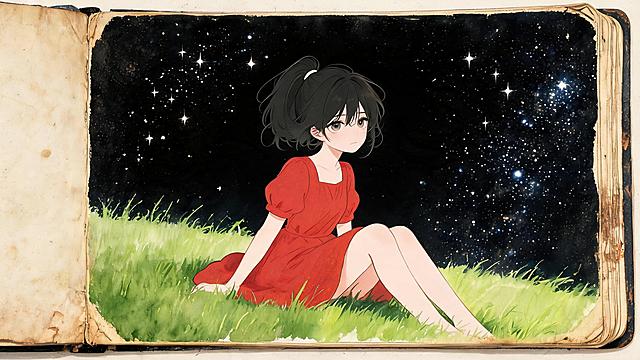 特写镜头：一幅美丽的水彩画，画面中有参考图里穿着红裙的女孩，坐在绿色的草地上，背景是星星点点的夜空。画中的质感通过手绘方式呈现，色彩鲜艳而温暖，属于具有治愈效果的艺术风格