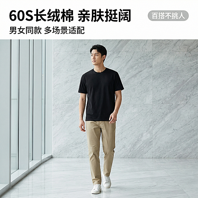 60S长绒棉亲肤挺阔黑色圆领T恤通勤款首图，简约时尚风，柔和自然光，都市通勤质感。黑色圆领T恤居中展示，一位亚洲男性模特身着卡其色休闲西裤、脚穿白色板鞋自然行走在极简写字楼大堂，背景为浅灰色大理石墙面，光线从落地窗斜照入内，面料质感细腻突出，背景铺满全屏无边框。主标题“60S长绒棉 亲肤挺阔”，副标题“男女同款 多场景适配”，右上角浅灰色胶囊标签“百搭不挑人”，字体为无衬线粗体，白色字悬浮于画面左上角留白处，无背景底框，不遮挡主体。