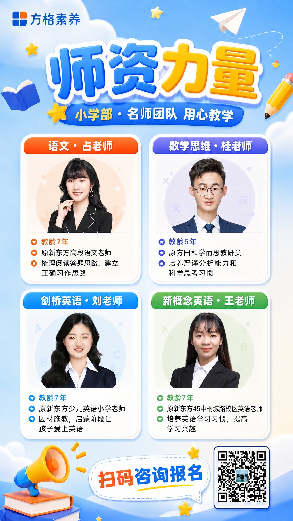 将这张师资力量海报中左上角语文占老师的真人照片与右下角新概念英… - 图片创意预览