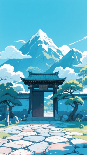 二次元古风，群山之巅，树，正面特写大门，凹凸石头地板，云，浅蓝色，细节丰富，元素多样，9:16,不要人物，生成2张预览效果