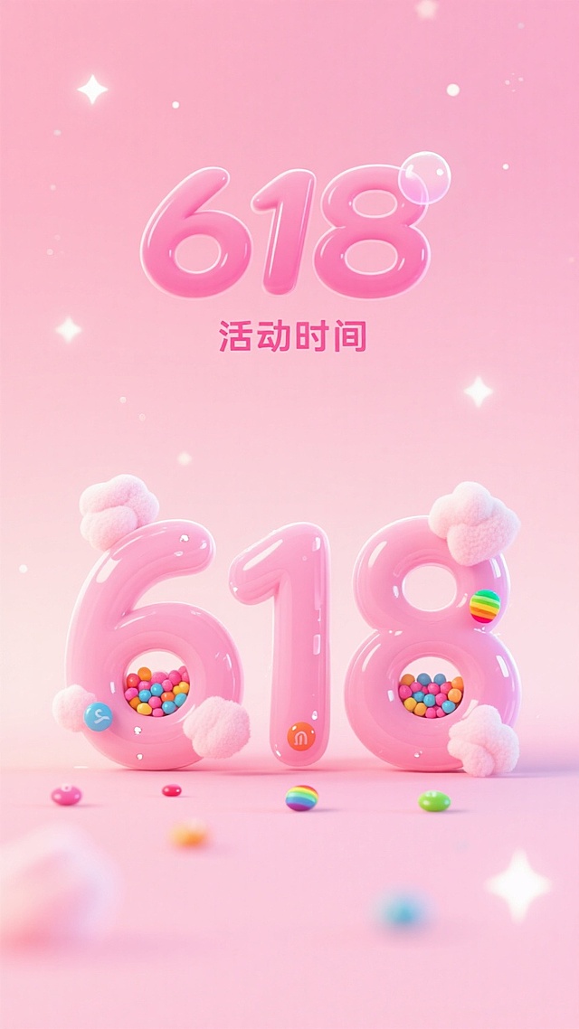 粉色软3D风设计，充气数字嵌入糖果，甜美梦幻，618节日氛围浓厚。