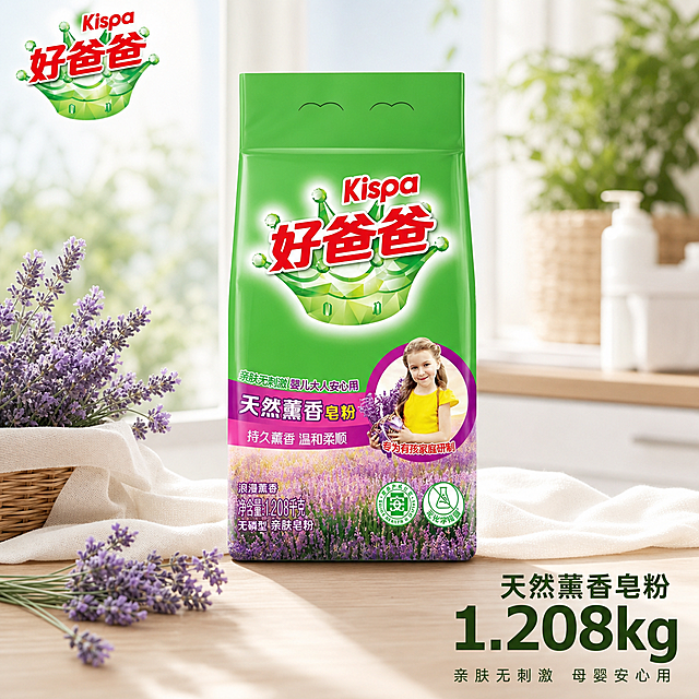 [主图-1] 好爸爸天然薰香皂粉 首图场景展示
[氛围风格] 高端简约 干净清新 自然生活氛围
[画质] 商业摄影质感 光线柔和通透 产品清晰真实 画面干净高级
[元素] 好爸爸天然薰香皂粉居中摆放，放置在洒满阳光的干净阳台洗衣区台面上，台面周围点缀几束新鲜薰衣草，浅原木色台面搭配白色棉麻洗衣巾作背景衬托。保持产品外观（物理结构、材质质感、颜色）与输入产品图绝对一致，杜绝任何变形和色差，精细化处理。商品主体占比严格控制在70%左右，画面满屏无边框
[光影] 上午自然光从左侧射入，柔和明亮，产品主体受光均匀，背景虚化突出主体，阴影自然过渡，整体通透不灰蒙
[配色] 主色调为清新绿色，搭配浅紫色薰衣草点缀，背景浅原木色和白色，干净自然
[视角构图] 平视拍摄，主体居中，景深适中，产品轮廓完整不裁切
[文字版式] 左上角保留原品牌好爸爸Kispa Logo，不遮挡主体。右下角负空间放置大字文案"天然薰香皂粉 1.208kg"，深绿色粗体无衬线，下方小字标注"亲肤无刺激 母婴安心用"，缩小字号同色，简洁明了，文字占比小于30%
[比例分辨率] 1:1 比例，4k 分辨率，文字清晰锐利，画面超高清
[负向提示词] 变形，文字错乱，产品图模糊，背景杂乱，水印，电商平台Logo，第二件半件 其他产品