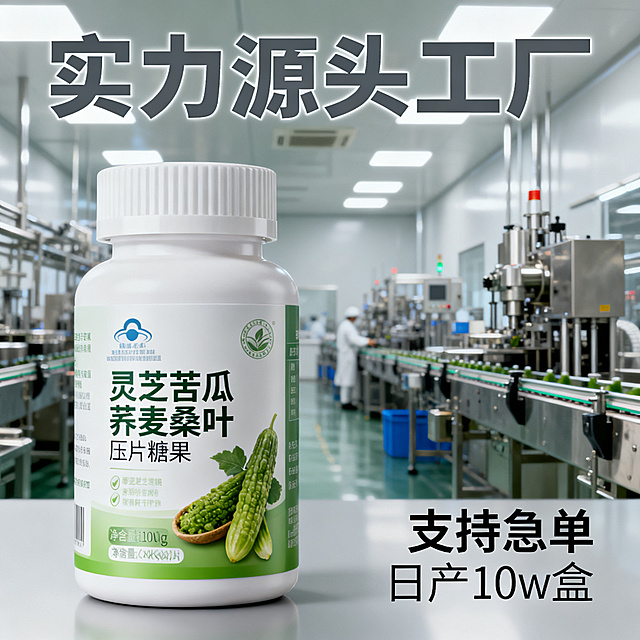 [主图 4] 工厂实力展示图，凸显大产能源头工厂。
[氛围风格] 商务风，大气专业，实力感
[画质] 商业摄影质感，光线柔和通透，产品清晰真实，画面干净高级
[元素] 前景放置灵芝苦瓜荞麦桑叶压片糖果瓶身，保持设计风格和尺寸与第一张生成图一致，背景是现代化干净整洁的保健品生产车间，可以看到自动化生产线，背景做虚化处理突出前景产品。商品主体占比约60%，满屏无边框
[光影] 整体明亮均匀，车间光照充足，前景产品清晰突出，背景柔和虚化
[配色] 浅灰车间环境搭配产品自然绿色，专业沉稳
[视角构图] 平视构图，前景产品背景工厂，景深效果，层次分明
[文字版式] 左上主标题“实力源头工厂”深灰色粗体大字，右下标注“支持急单 日产10w盒”小号文字，文字放在负空间不遮挡产品
[比例分辨率] 1:1比例，2k分辨率，文字清晰可辨，超高清
[负向提示词] 变形，水印，文字错乱，产品模糊，背景杂乱，绝对化违禁词，虚假宣传，违规内容，涉及疾病治疗功效宣传，医疗术语