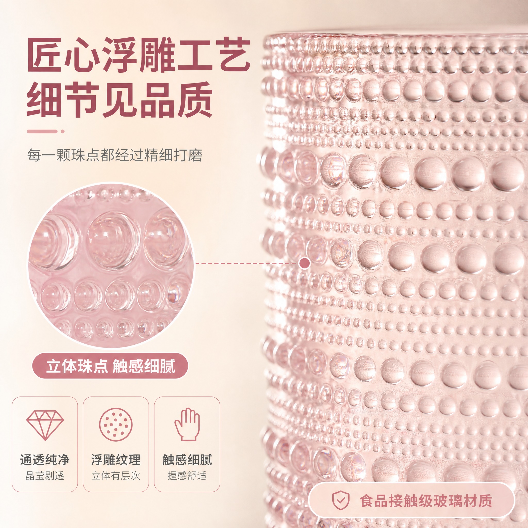 [主图-3] 材质细节与品质图，微距展示粉色珠点玻璃杯的浮雕纹… - 图片创意预览