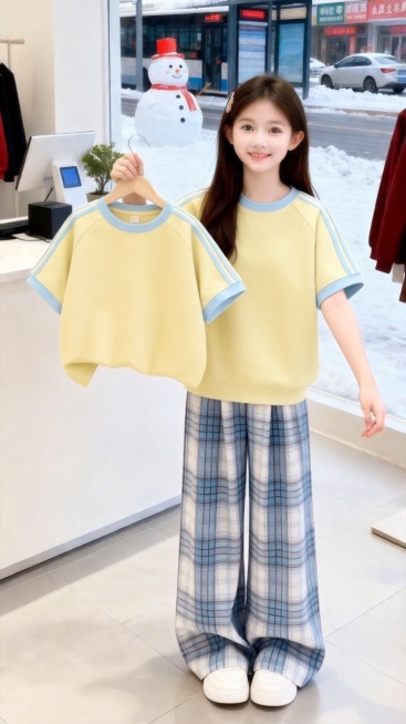 用图1的衣服和人裤子替换掉图2的模特身上穿的衣服裤子和手里衣架上挂着的衣服，保留原场景光影，保持图22的人物的五官和发饰不变，姿势不变，背景不变，图片宽高尺寸不变，保持图1的卫衣和裤子的款式和颜色不变预览效果