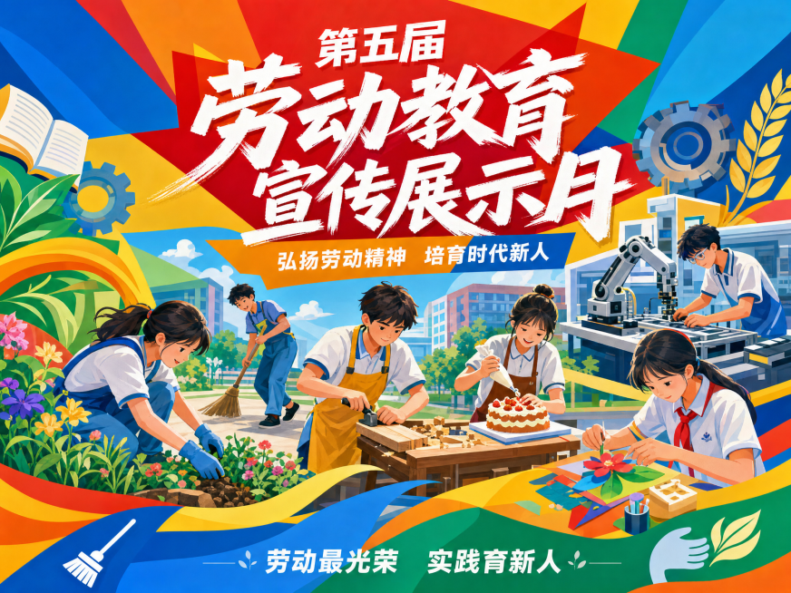参考提供的图片风格，设计第五届劳动教育宣传展示月活动展板，竖版，插画风格，色彩鲜艳明快，标题醒目，主题明确预览效果