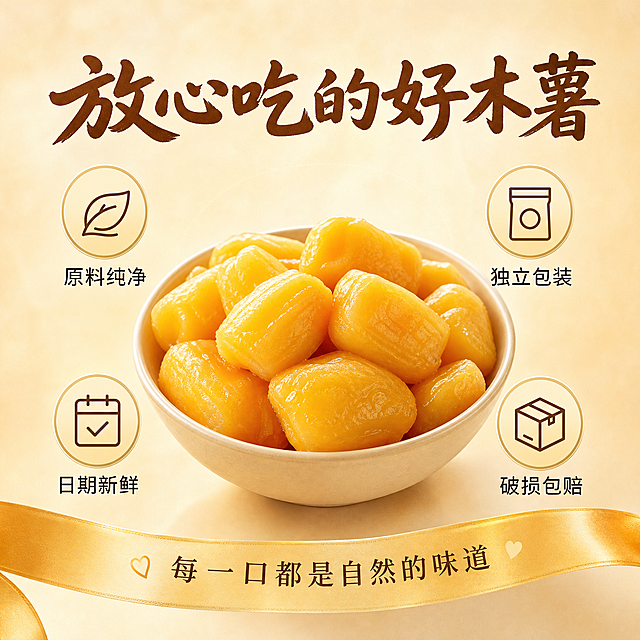 [主图-9] 信任背书 品质保证服务承诺
[统一基调] 小红书原生生活方式风 暖调食欲感 米白浅金暖棕配色 手写感粗体主标题 细黑体辅助文案 自然柔光 简约背景 整体温馨可信
[画面] 中央偏上位置放着一碗满满的黄金木薯块 木薯金黄饱满 表面有光泽 碗的周围环绕四个圆形图标 分别代表四个服务承诺 图标风格简约可爱 背景是浅米色渐变 底部有一条半透明的金色飘带 整体干净清爽 主体木薯碗占画面约40% 放在视觉中心
[光影质感] 柔和顶光 木薯表面有光泽 碗边有高光 整体干净明亮 商业摄影质感
[配色] 背景浅米色 木薯金黄色 图标浅金色底深棕色图标 标题深棕色
[文字版式] 顶部主标题"放心吃的好木薯" 手写粗体 深棕色 四个圆形图标下方分别配文字"原料纯净 独立包装 日期新鲜 破损包赔" 细黑体 深棕色 底部飘带上小字"每一口都是自然的味道" 文字清晰 布局均衡
[输出要求] 1:1比例 文字清晰可读 产品清晰真实 无变形 无错字 无水印 无平台Logo