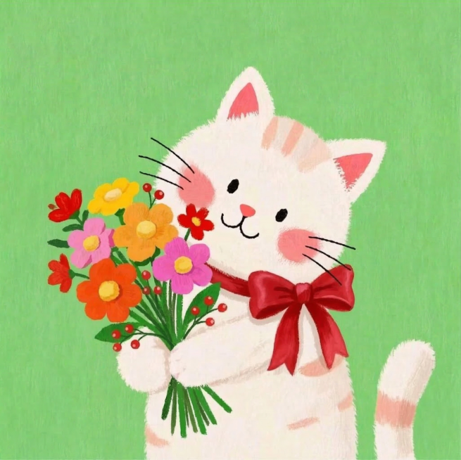 在这幅插画中添加红色元素，保持原有小猫和鲜花的造型风格不变，整体为童趣插画风格，增加一个红色的蝴蝶结装饰在小猫脖子上，保留绿色背景预览效果