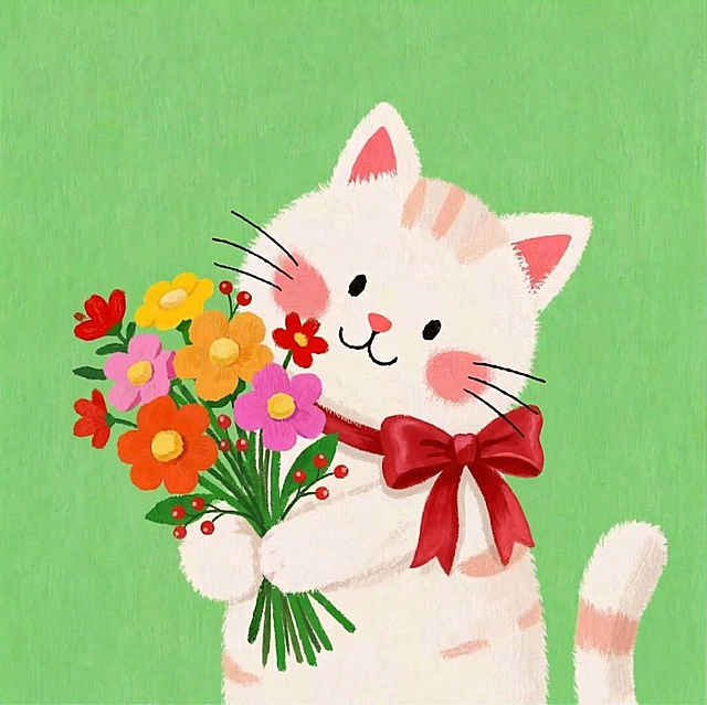 在这幅插画中添加红色元素，保持原有小猫和鲜花的造型风格不变，整体为童趣插画风格，增加一个红色的蝴蝶结装饰在小猫脖子上，保留绿色背景