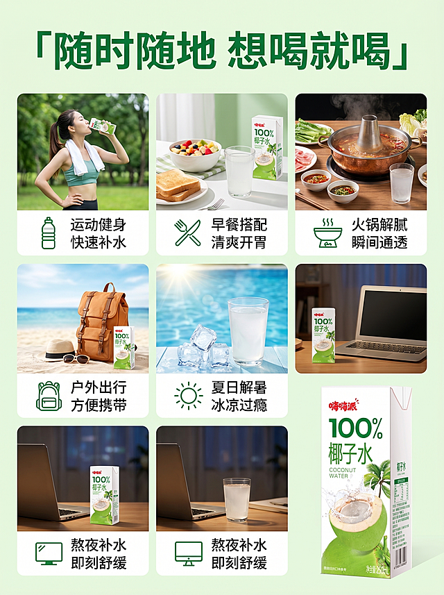 嗨嗨派100%纯椰子水详情页多场景适配板块单张，3:4手机竖版。风格清新自然 森系热带ins风，主色调清新椰绿+纯净白，干净通透。顶部加粗标题：「随时随地 想喝就喝」，分六格排列展示不同场景，每个场景配简约小图标+短句：①运动健身 快速补水；②早餐搭配 清爽开胃；③火锅解腻 瞬间通透；④户外出行 方便携带；⑤夏日解暑 冰凉过瘾；⑥熬夜补水 即刻舒缓。右下角放置用户上传的单盒小瓶装嗨嗨派100%椰子水展示，保持小瓶装外观、颜色、文字设计和上传图片完全一致，不偏色不变形。排版整齐清晰，图文搭配，适配手机竖屏浏览。
[比例分辨率] 3:4 比例，2k 分辨率
[负向提示词] 变形，水印，文字错乱，产品图模糊，背景杂乱，小瓶装改变形偏色。