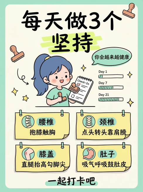 小红书风格竖版信息图，3:4比例，奶油米白+薄荷绿温柔清新背景，卡通Q版蓝色高马尾女生，矢量插画风格，手绘可爱风格，多留白无写实元素，右下角无水印。顶部是手绘大标题“每天做3个”，其中“坚持”用荧光笔预览效果
