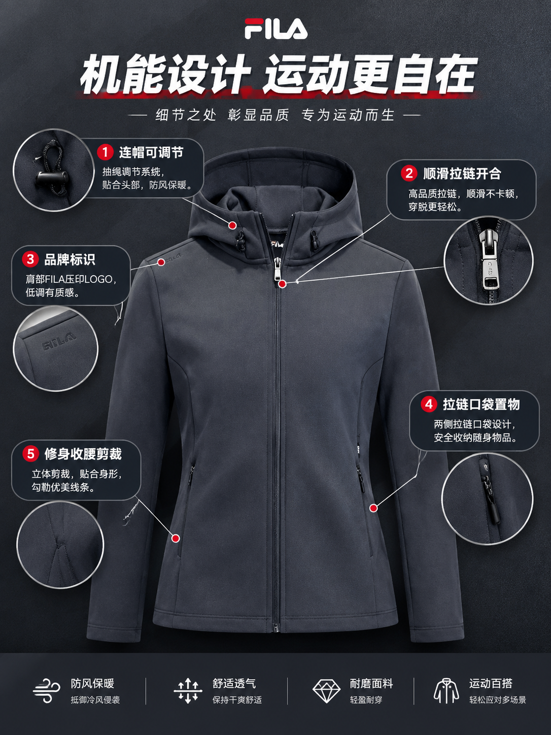 [商品] 使用【图2】FILA斐乐女士深灰色连帽运动外套上半身… - 图片创意预览