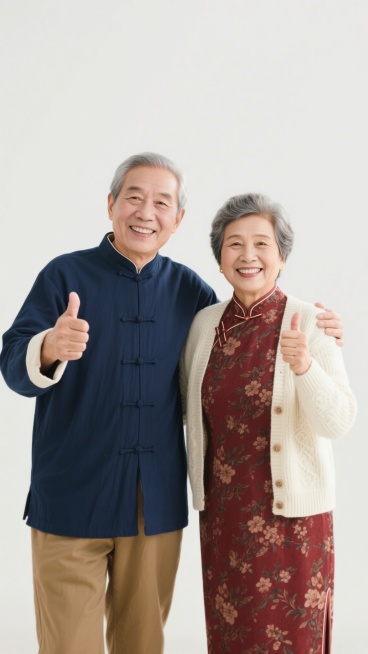 一对老年夫妻，丈夫身着深蓝色中式立领盘扣上衣搭配卡其色长裤，妻子穿着酒红色碎花旗袍外搭米白色针织开衫，两人并肩而立，丈夫左手自然搭在妻子肩上，双双面带灿烂笑容，同时竖起右手大拇指，背景为纯白色，光线明亮柔和，人物肤色自然，细节清晰，整体呈现温馨和谐的氛围。预览效果