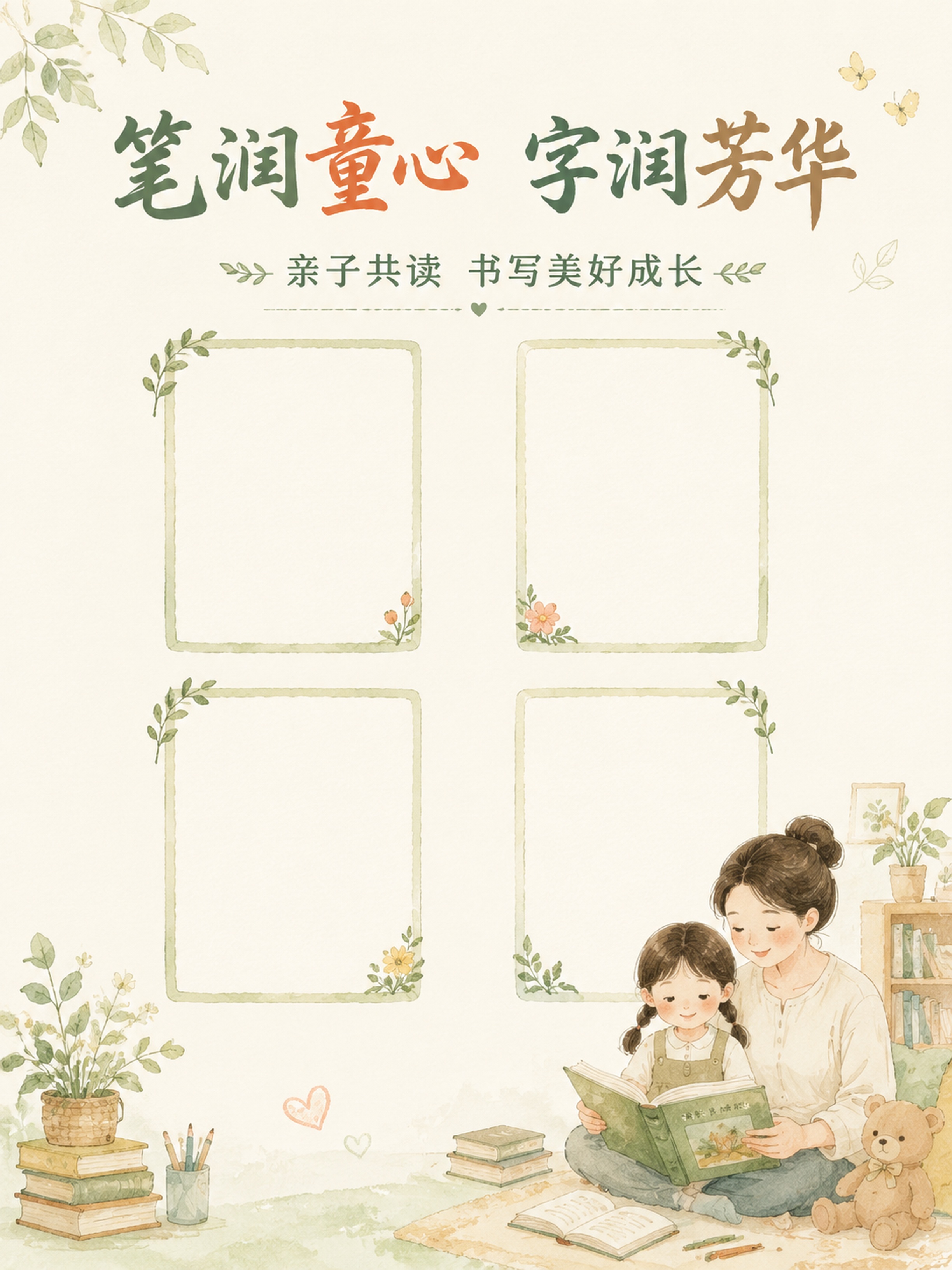 素雅手绘风格竖版海报，主标题文字为"笔润童心 字润芳华"，副标… - 图片创意预览